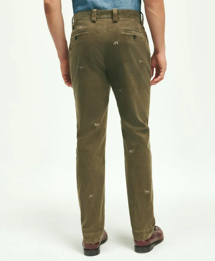 Men Stretch Cotton FineWale Corduroy Embroidered Pants Dark Green Brooks Brothers Chinos and Casual Pants
