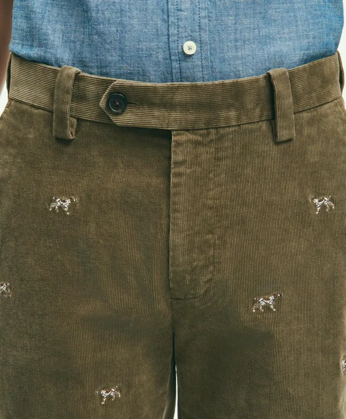 Men Stretch Cotton FineWale Corduroy Embroidered Pants Dark Green Brooks Brothers Chinos and Casual Pants