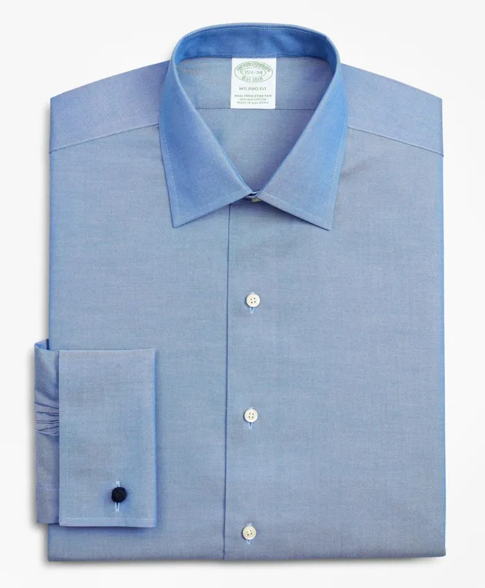 Men Stretch Milano Slim Fit Dress Shirt NonIron Pinpoint Ainsley Collar French Cuff Blue Brooks Brothers Dress Shirts