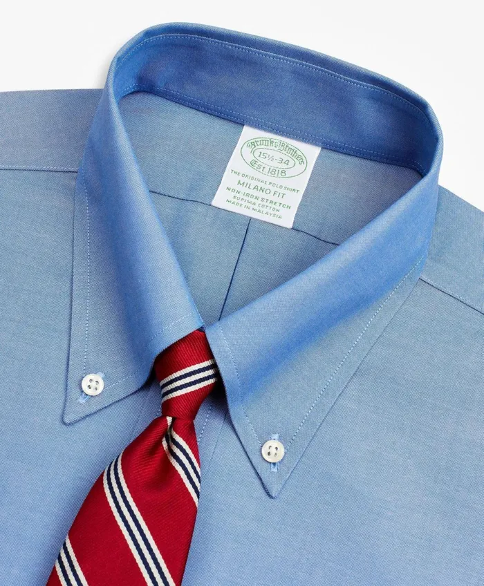 Men Stretch Milano SlimFit Dress Shirt NonIron Pinpoint ButtonDown Collar Blue Brooks Brothers Dress Shirts
