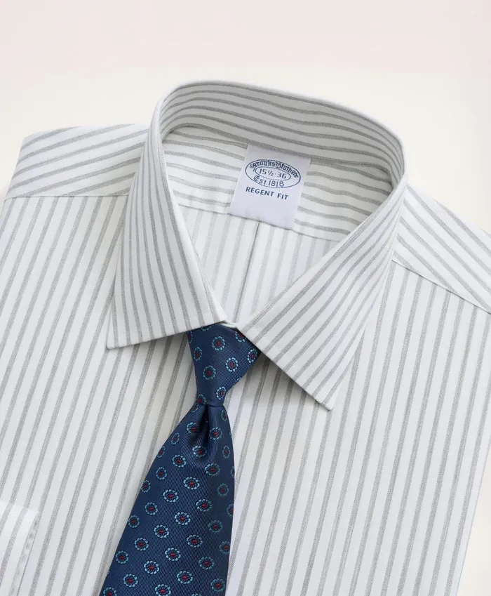 Men Stretch Regent RegularFit Dress Shirt NonIron Twill Stripe Ainsley Collar Grey Brooks Brothers Dress Shirts