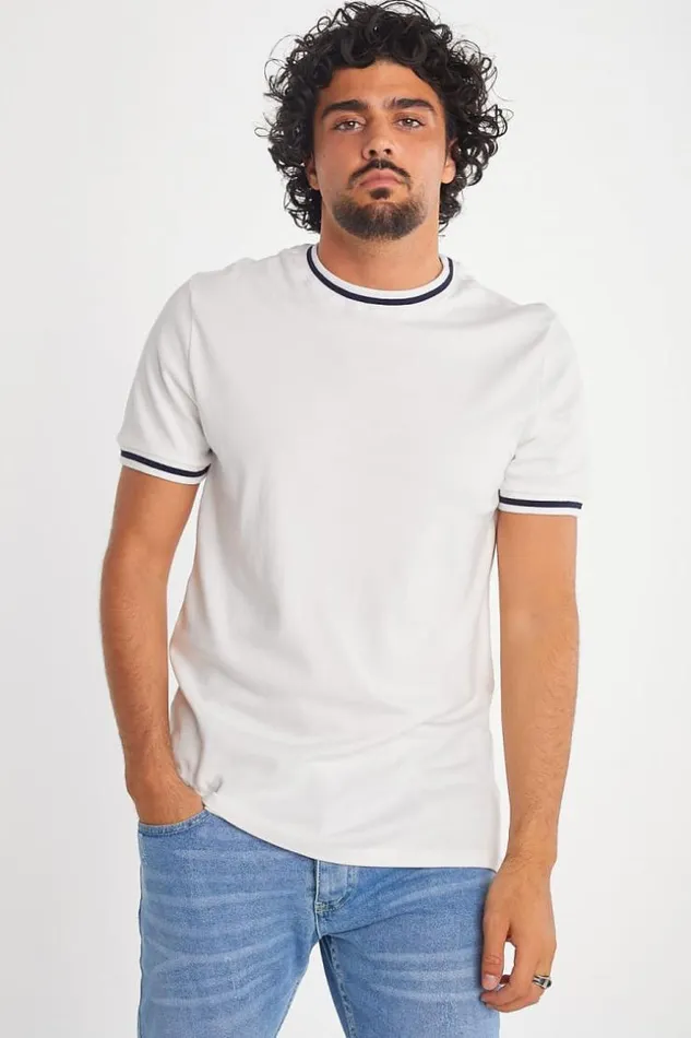 Men TShirt Blanc Col Rond Bandes Noires White Brentiny Paris TShirts