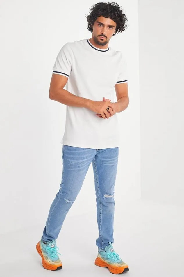 Men TShirt Blanc Col Rond Bandes Noires White Brentiny Paris TShirts