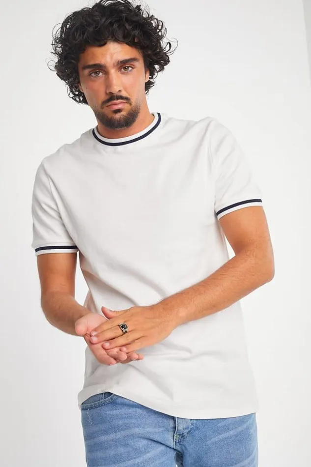 Men TShirt Blanc Col Rond Bandes Noires White Brentiny Paris TShirts