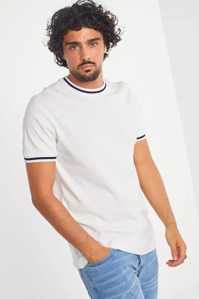 Men TShirt Blanc Col Rond Bandes Noires White Brentiny Paris TShirts