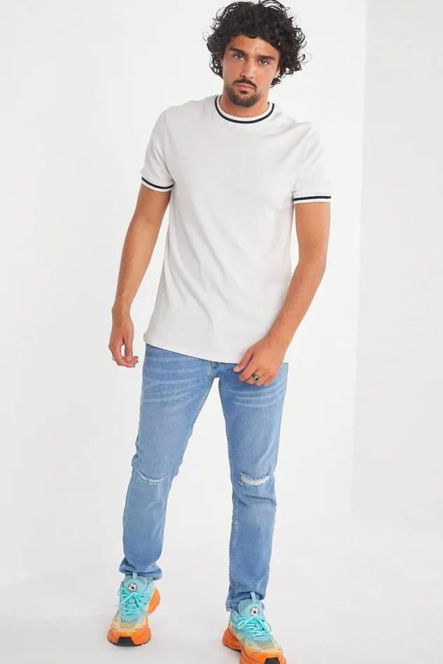 Men TShirt Blanc Col Rond Bandes Noires White Brentiny Paris TShirts