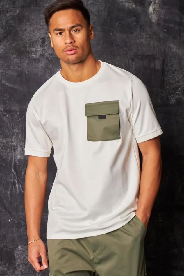 Men TShirt Blanc Poche Poitrine Kaki White Brentiny Paris TShirts