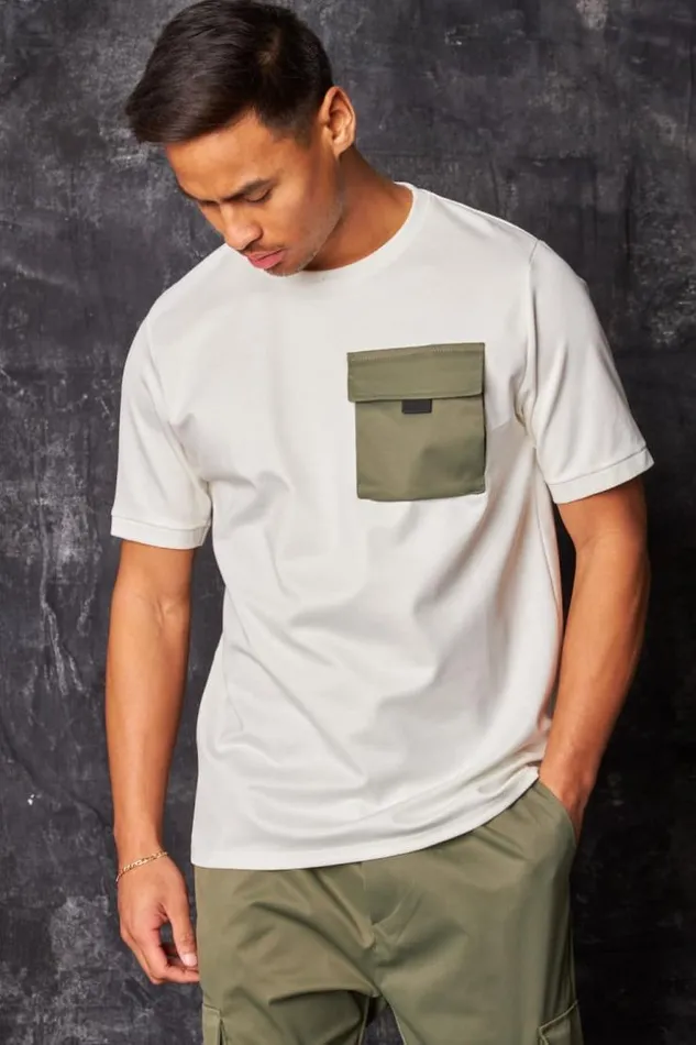 Men TShirt Blanc Poche Poitrine Kaki White Brentiny Paris TShirts