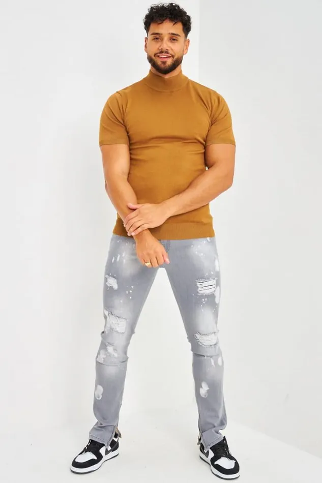 Men TShirt Camel En Fines Mailles Col Montant Camel Brentiny Paris TShirts