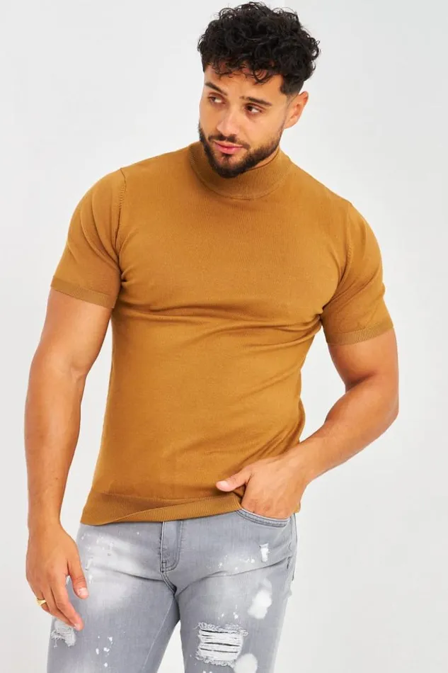 Men TShirt Camel En Fines Mailles Col Montant Camel Brentiny Paris TShirts