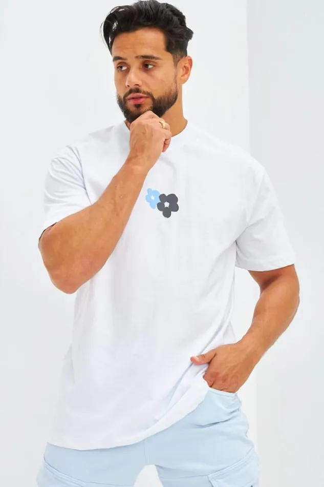 Men TShirt Floqu Fleurs Avant Et Arrire Noir White Brentiny Paris TShirts