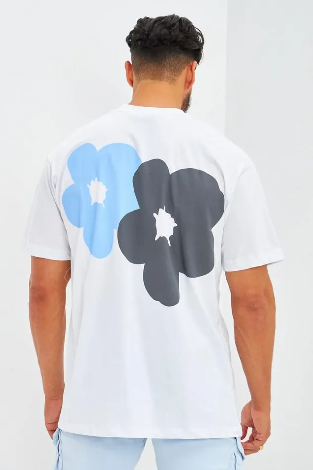 Men TShirt Floqu Fleurs Avant Et Arrire Noir White Brentiny Paris TShirts