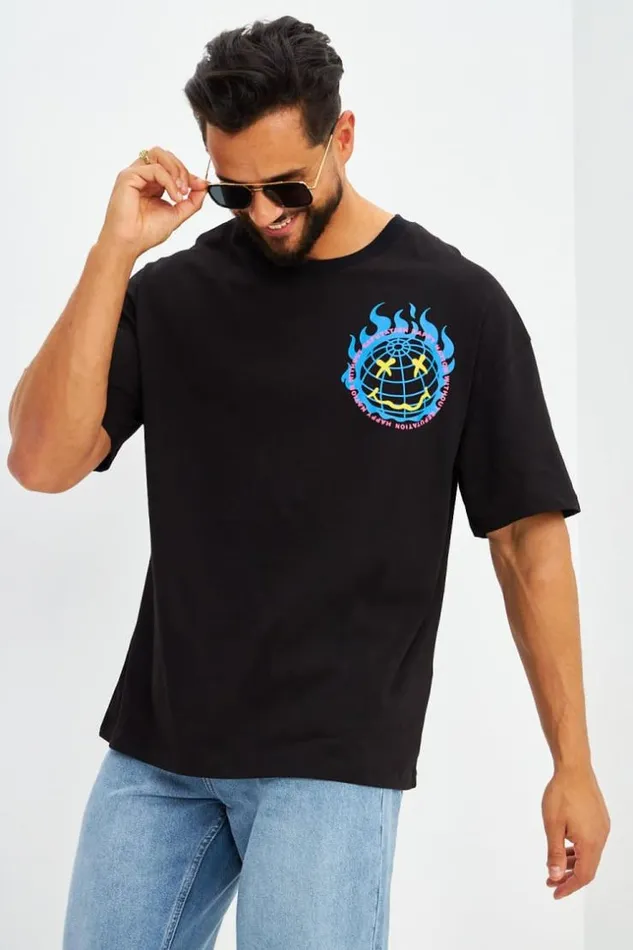 Men TShirt Logo Imprim Smiley Terre Gris Black Brentiny Paris TShirts
