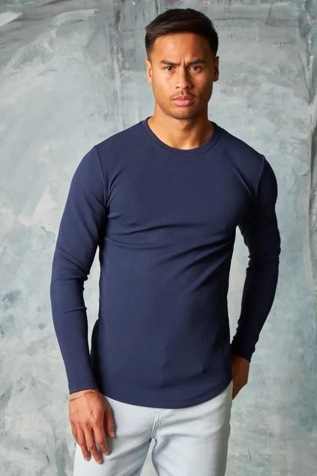 Men TShirt Manches Longues Textur Bleu Fonc Blue Brentiny Paris TShirts