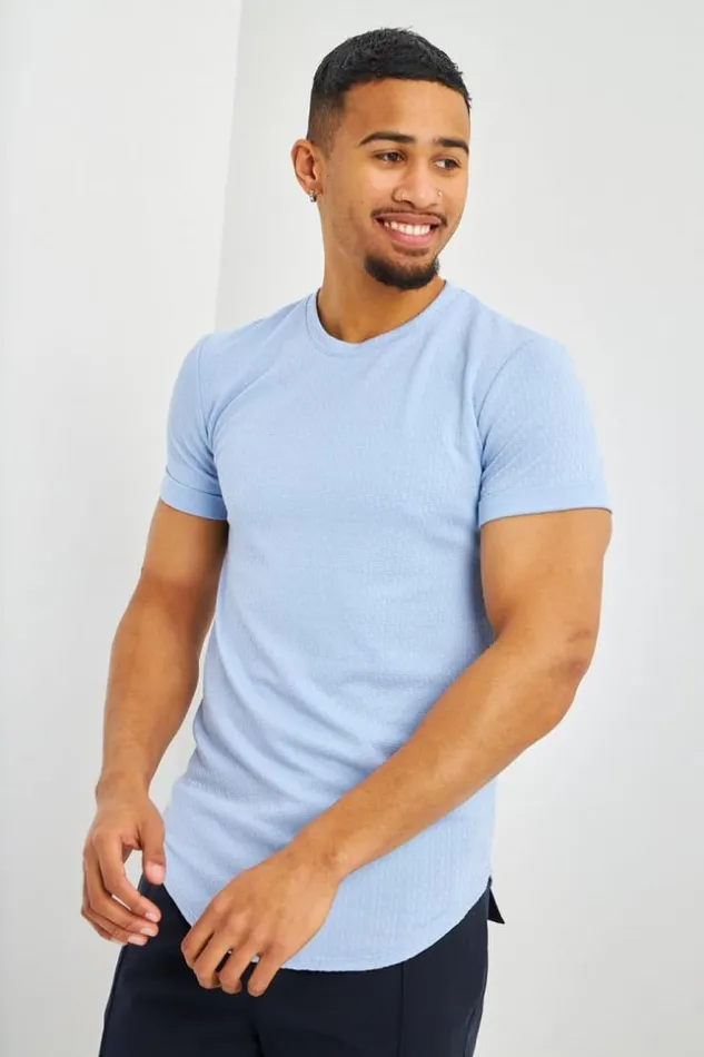 Men TShirt Motif Relief Bleu Ciel Manches Courtes Revers Bleuclair Brentiny Paris TShirts