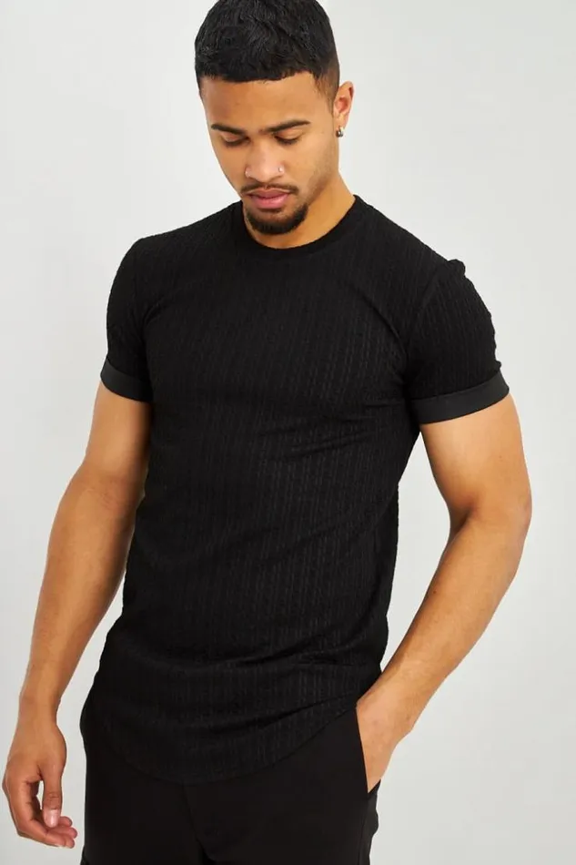 Men TShirt Motif Relief Noir Manches Courtes Revers Black Brentiny Paris TShirts