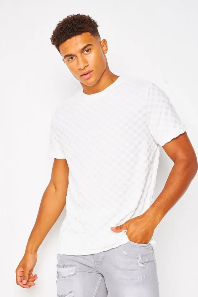 Men TShirt With Textured With Checkerboard Print In White White Brentiny Paris TShirts
