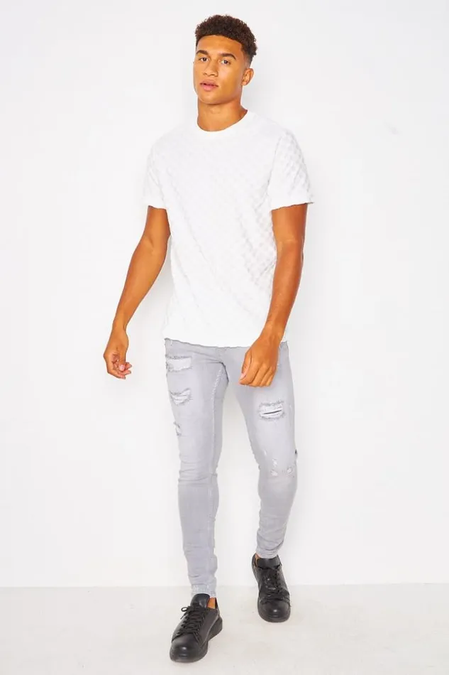 Men TShirt With Textured With Checkerboard Print In White White Brentiny Paris TShirts