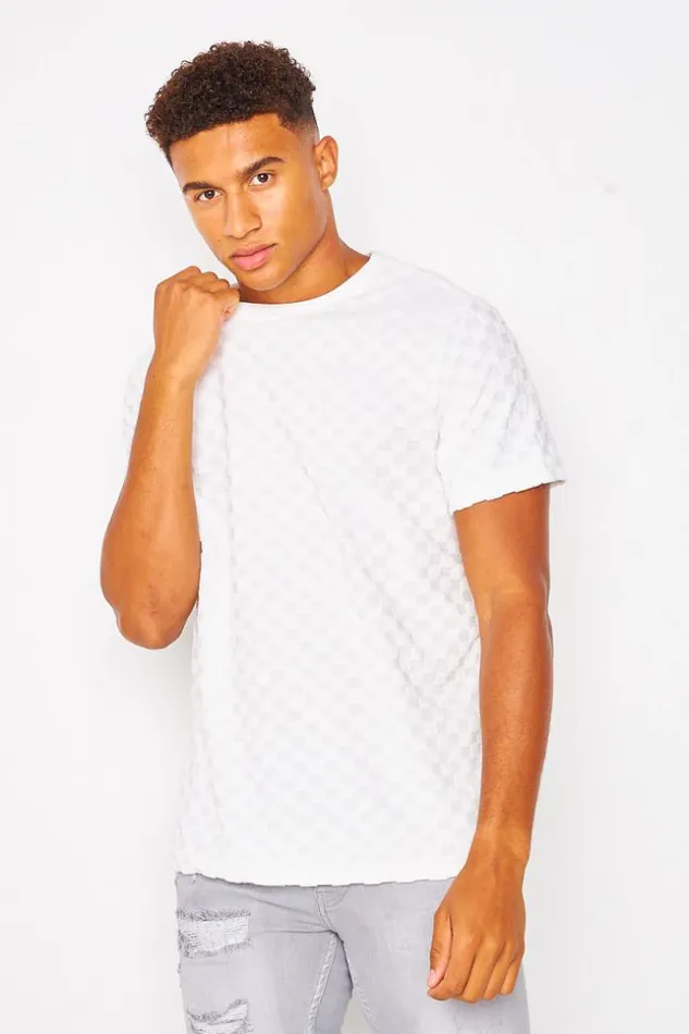 Men TShirt With Textured With Checkerboard Print In White White Brentiny Paris TShirts