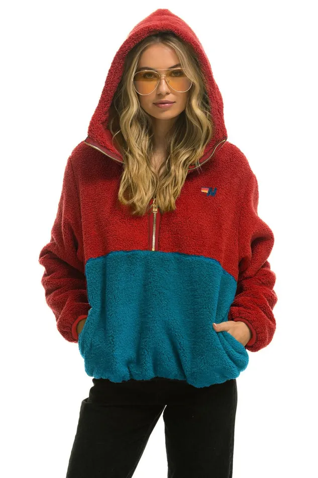 Men TEDDY UNISEX HOODED HALF ZIP COLOR BLOCK JACKET 8211 CHERRY Aviator Nation Outerwear