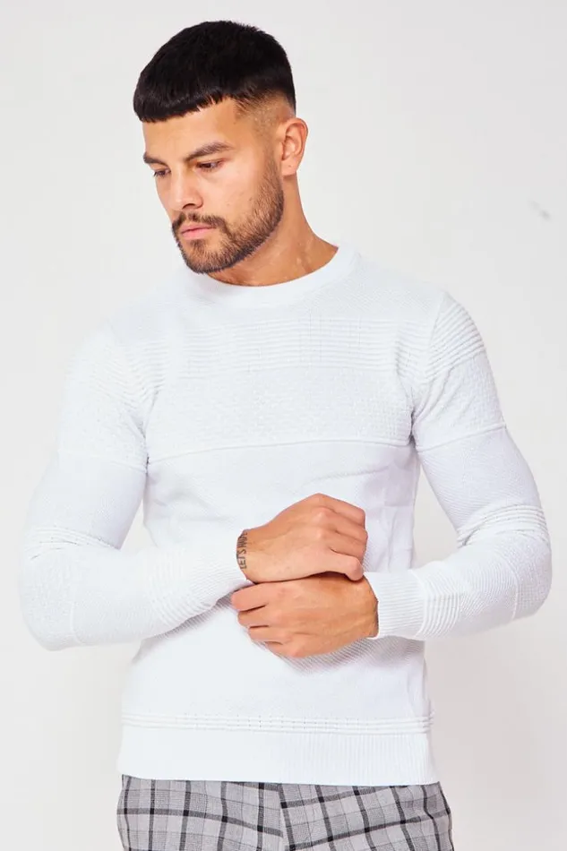 Men Textured Knit Jumper With Crew Neck In White White Brentiny Paris Sweatshirts and Pullovers