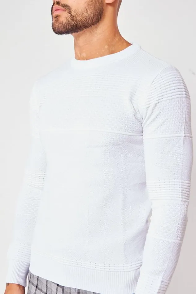 Men Textured Knit Jumper With Crew Neck In White White Brentiny Paris Sweatshirts and Pullovers