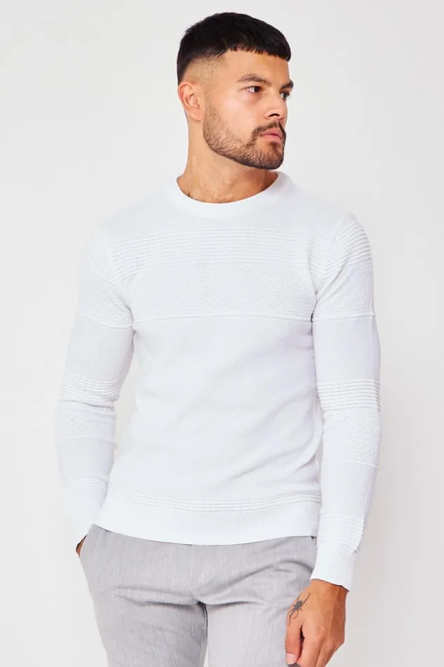 Men Textured Knit Jumper With Crew Neck In White White Brentiny Paris Sweatshirts and Pullovers
