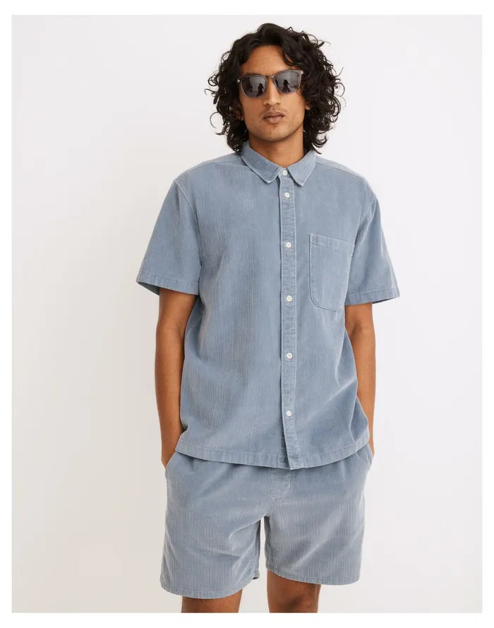 Men Variegated Corduroy Easy Short Sleeve Shirt Teapot Blue Madewell Shirts