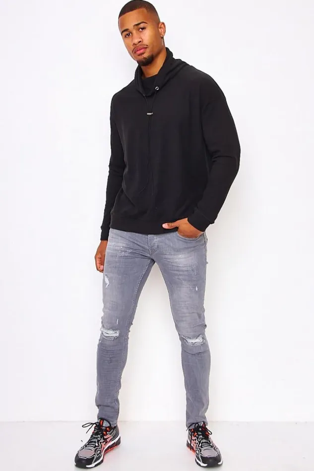 Men Velvet Pullover With An Adjustable Collar In Black Black Brentiny Paris Sweatshirts and Pullovers