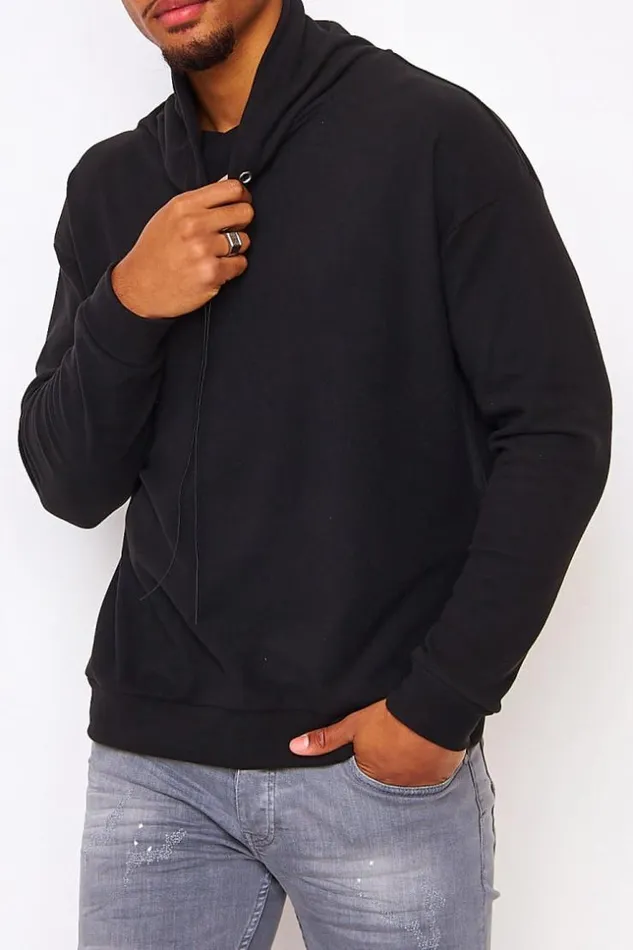Men Velvet Pullover With An Adjustable Collar In Black Black Brentiny Paris Sweatshirts and Pullovers