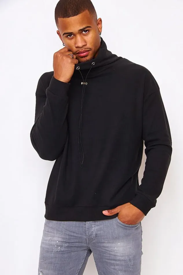Men Velvet Pullover With An Adjustable Collar In Black Black Brentiny Paris Sweatshirts and Pullovers