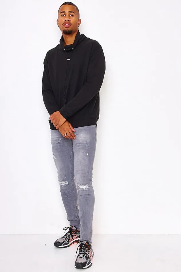 Men Velvet Pullover With An Adjustable Collar In Black Black Brentiny Paris Sweatshirts and Pullovers