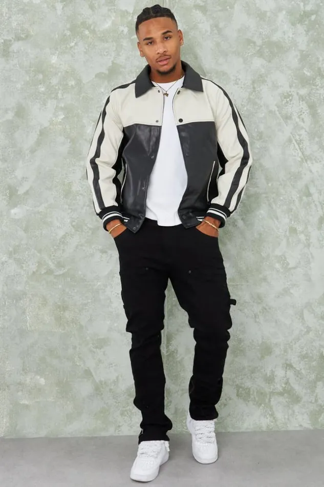 Men Veste Noire En Simili Cuir Bicolore Black Brentiny Paris Jackets