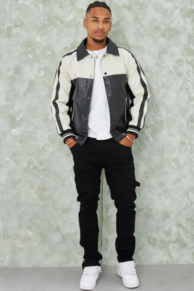 Men Veste Noire En Simili Cuir Bicolore Black Brentiny Paris Jackets