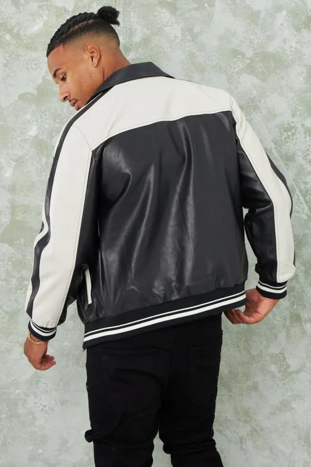 Men Veste Noire En Simili Cuir Bicolore Black Brentiny Paris Jackets