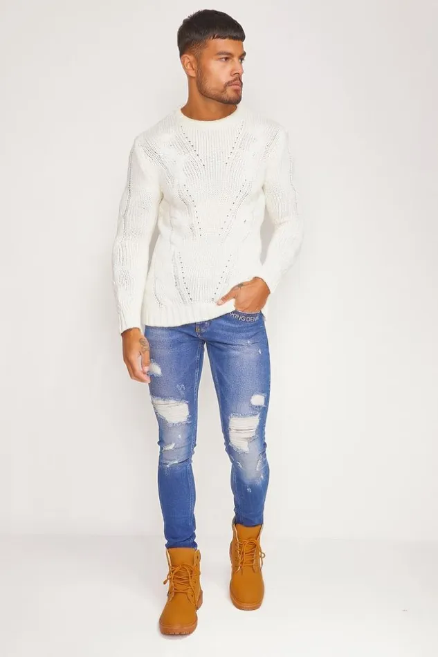 Men White Chunky Knit Sweater Brentiny Paris Sweatshirts and Pullovers