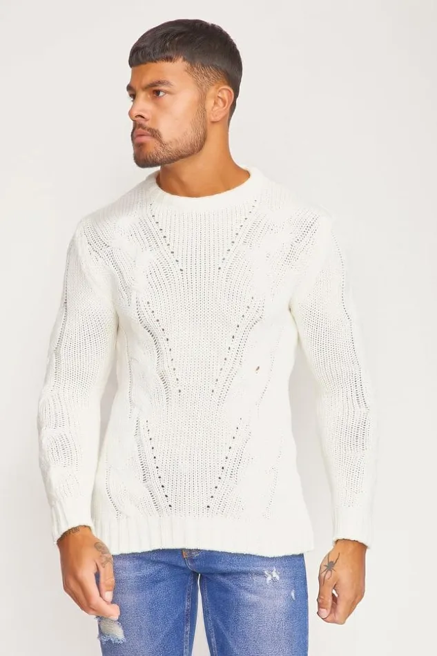 Men White Chunky Knit Sweater Brentiny Paris Sweatshirts and Pullovers