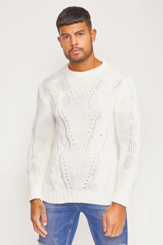 Men White Chunky Knit Sweater Brentiny Paris Sweatshirts and Pullovers