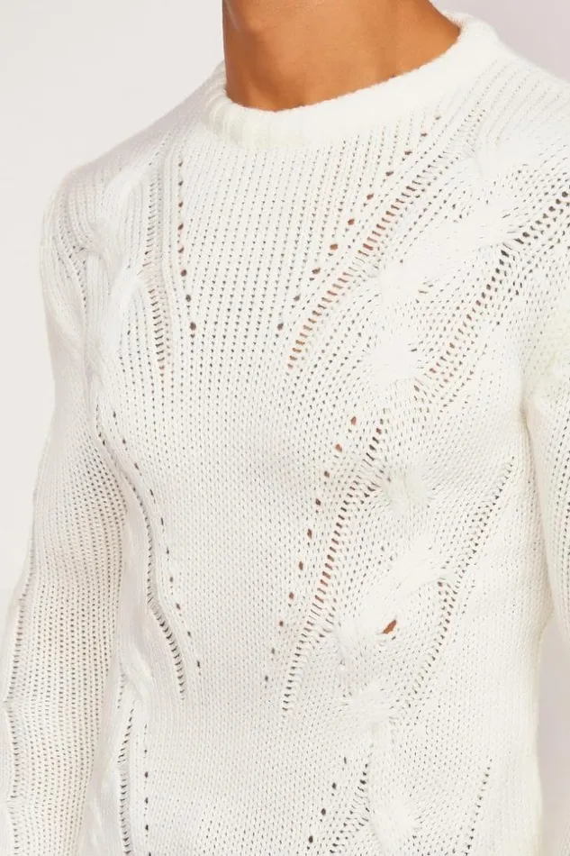 Men White Chunky Knit Sweater Brentiny Paris Sweatshirts and Pullovers