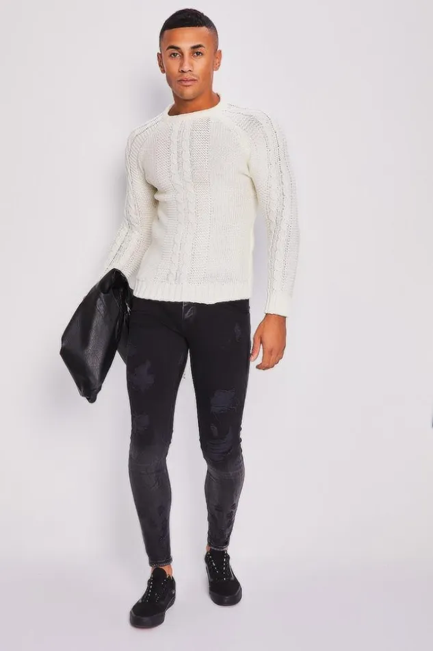 Men White Knit Sweater With Crew Neck White Brentiny Paris Sweatshirts and Pullovers
