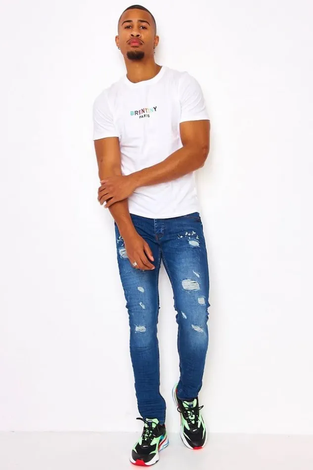 Men White TShirt With A Multicoloured BrentinyLogo Embroidery White Brentiny Paris TShirts