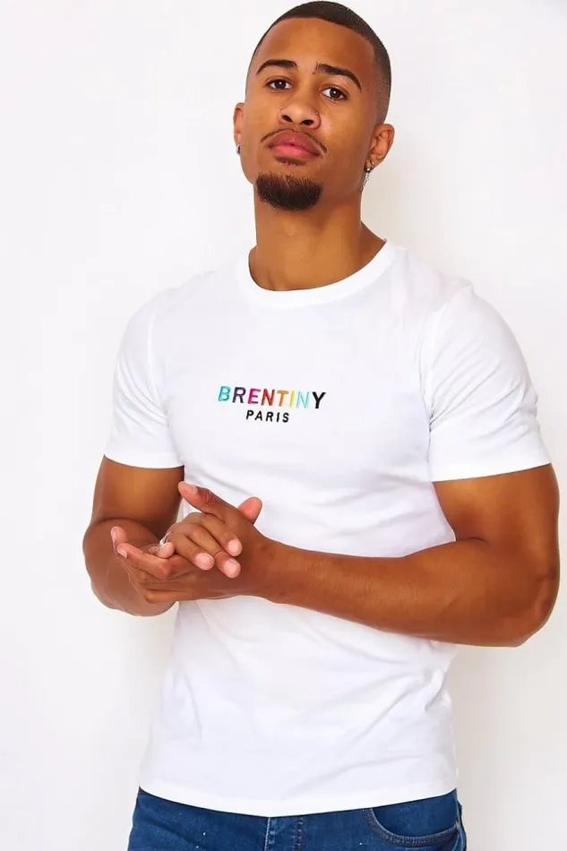 Men White TShirt With A Multicoloured BrentinyLogo Embroidery White Brentiny Paris TShirts