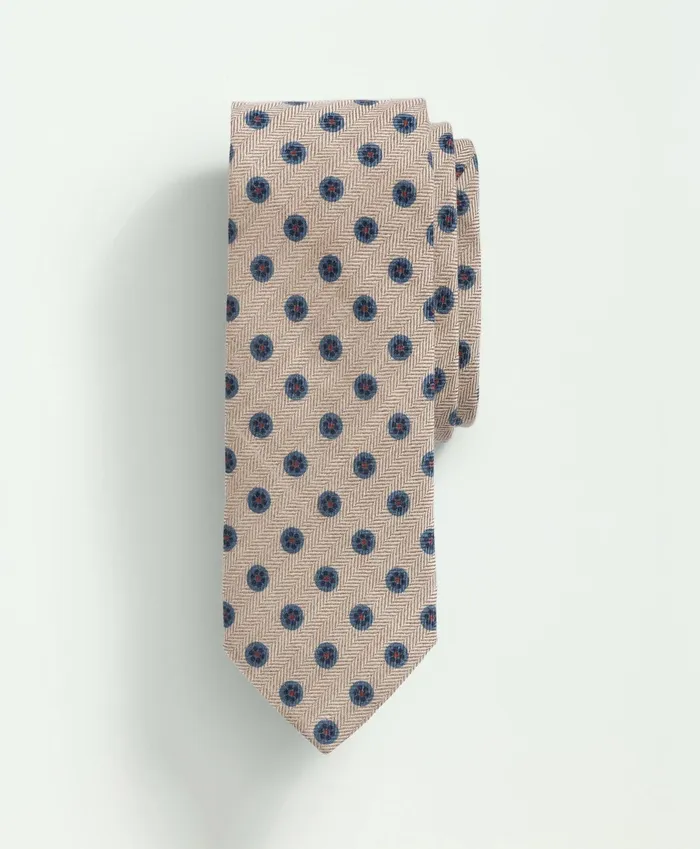 Men Wool Silk Herringbone Medallion Tie Beigeblue Brooks Brothers Ties and Pocket Squares