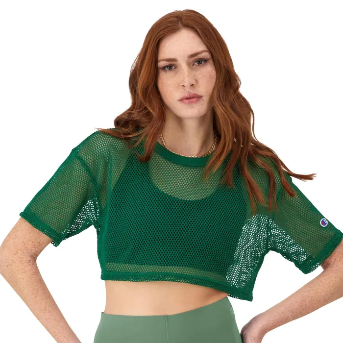 Mesh Shirt Cropped C Logo Athletic Dark Green Women Champion TShirts and Tops