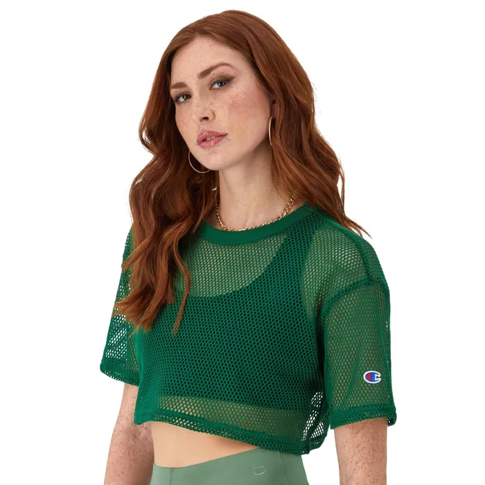 Mesh Shirt Cropped C Logo Athletic Dark Green Women Champion TShirts and Tops