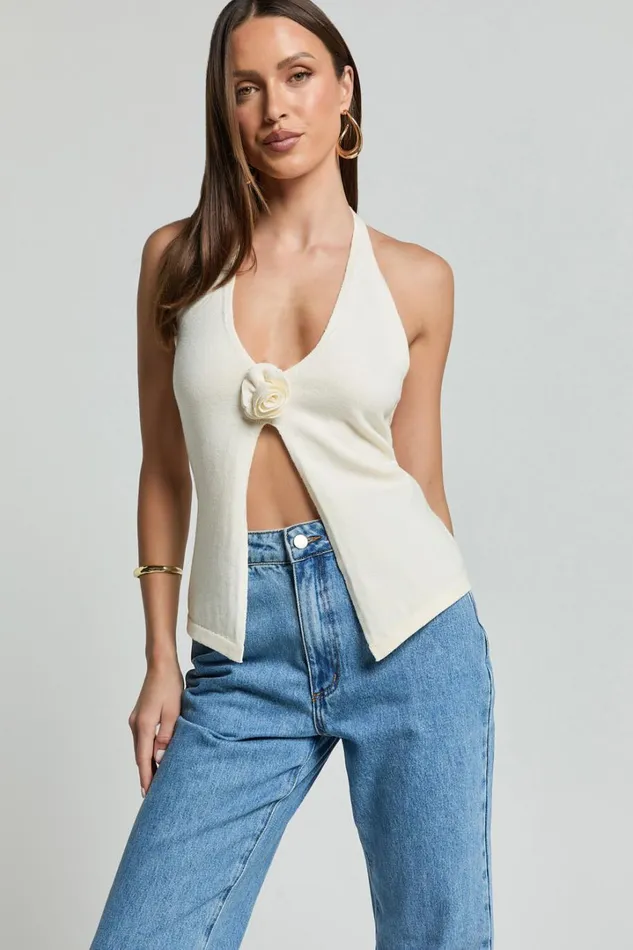 Mia Top 8211 Knitted Halter Neck Rosette Detail Top In Cream Women Showpo Tops