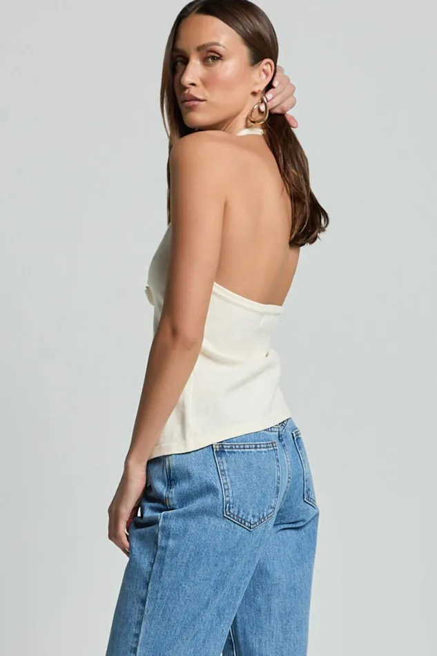 Mia Top 8211 Knitted Halter Neck Rosette Detail Top In Cream Women Showpo Tops