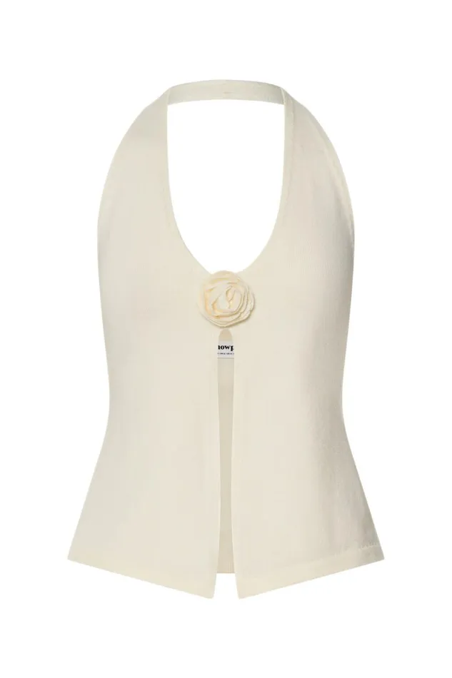 Mia Top 8211 Knitted Halter Neck Rosette Detail Top In Cream Women Showpo Tops