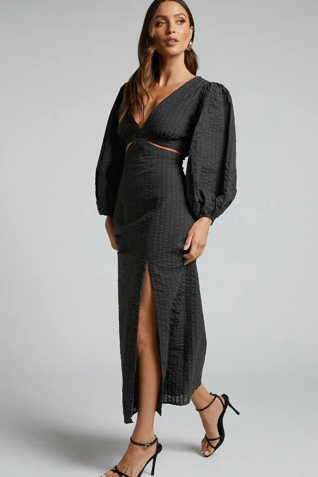 Miggy Midi Dress 8211 Puff Sleeve Cut Out Split Dress In Black Women Showpo Conscious