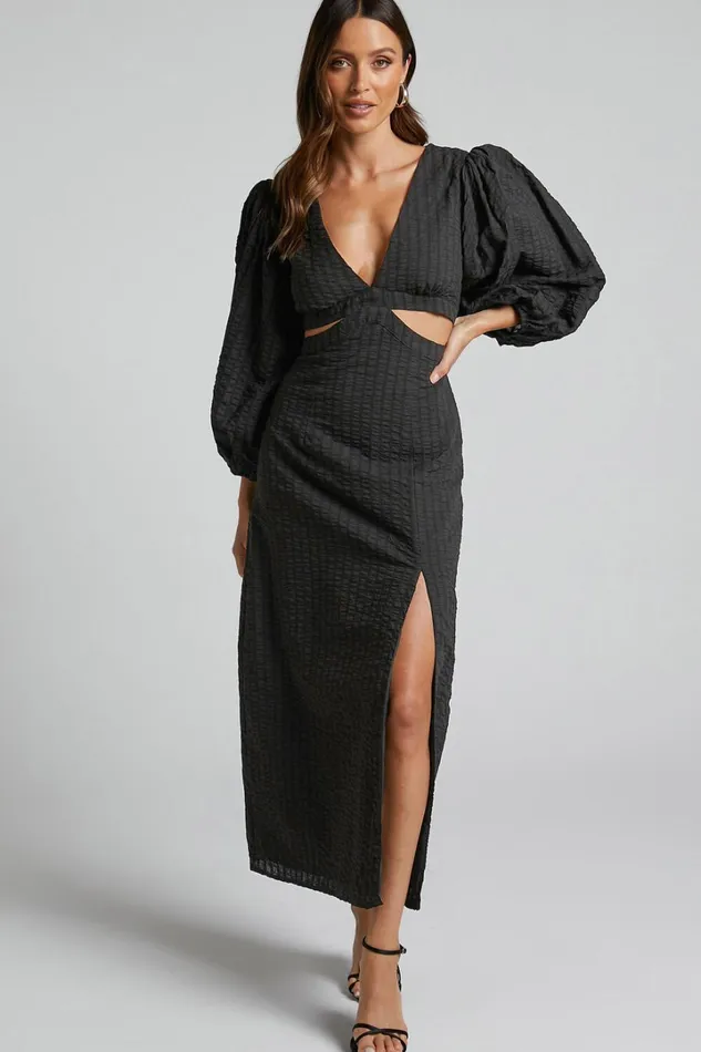 Miggy Midi Dress 8211 Puff Sleeve Cut Out Split Dress In Black Women Showpo Conscious